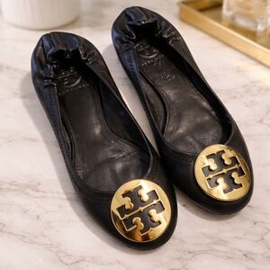 Tory Burch Black Ballet Flats with Gold Logo